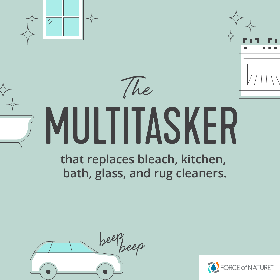 Force of Nature multitasker infographic stating that the cleaner replaces bleach, kitchen, bath, glass, and rug cleaners.