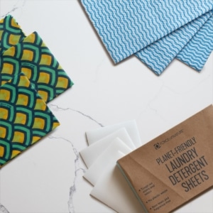 Force of Nature Sustainable Swaps Set contains 50 laundry sheets, 9 cloths & 3 reusable food wraps in Scales pattern